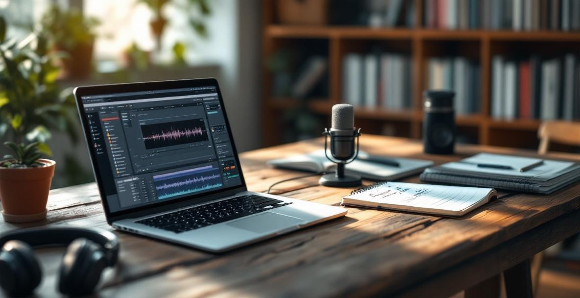 Podcast planning session with laptop, microphone, and notes on a wooden desk.