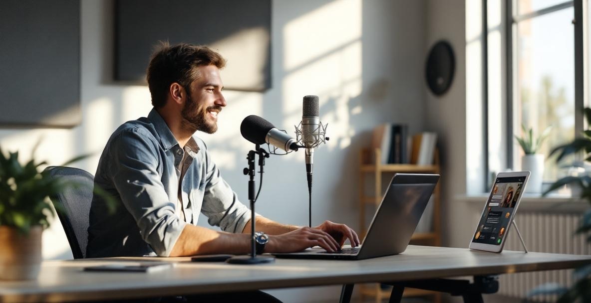 Podcaster in modern studio with a microphone, laptop, and tablet showing live chat.