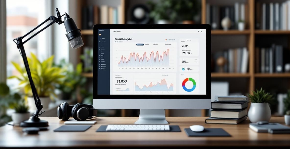 Modern podcasting workspace with analytics on screen, mic, headphones, and books.