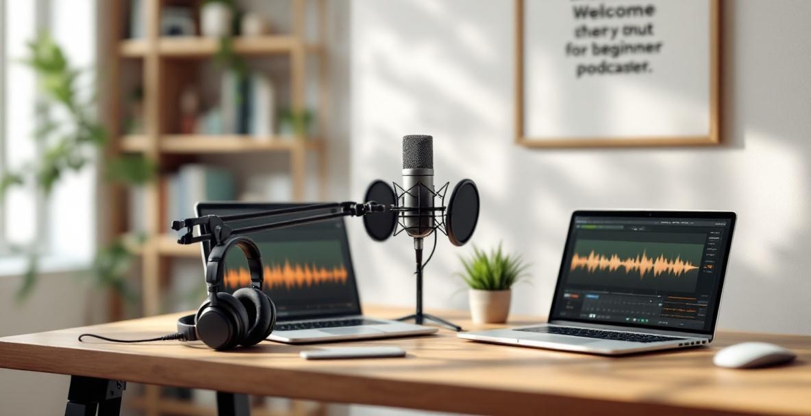 Minimalist home studio with podcast recording setup on a wooden desk.