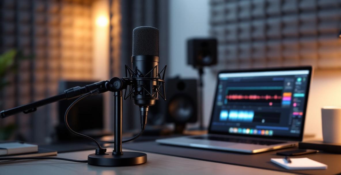Modern podcast setup with a microphone, laptop, soundproof panels, and notes on a desk.
