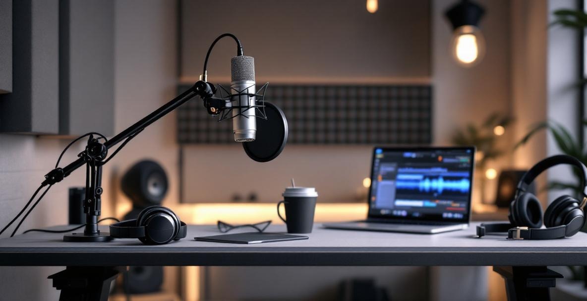 Professional podcast setup with modern desk, microphone, headphones, laptop, and soundproofing panel.