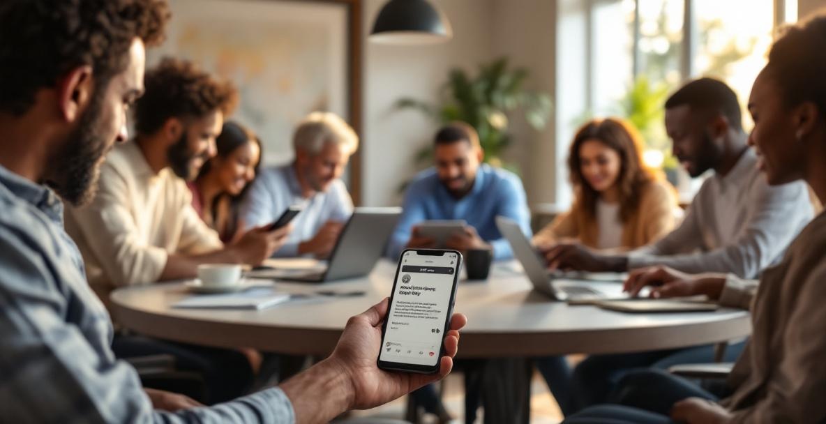 Diverse group at a table using devices to listen to a podcast with a phone screen showing a transcript.
