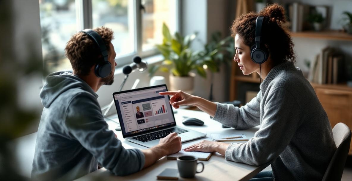 Podcaster and marketer discuss transcription software at a desk.