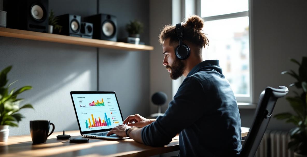 Podcaster analyzing graphs at a desk with soundproof panels and podcasting gear.