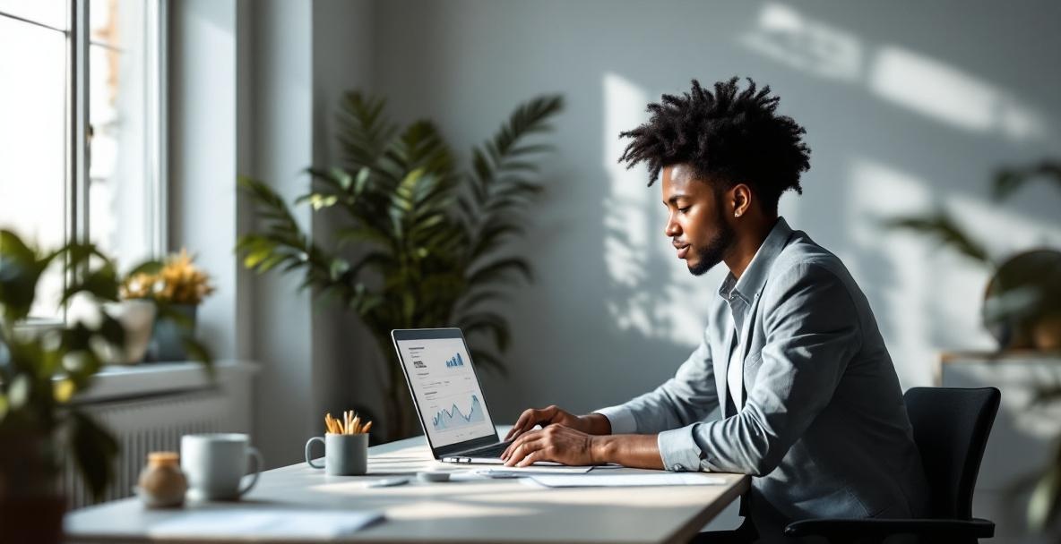 Digital marketer using social media to promote a podcast in a modern office.