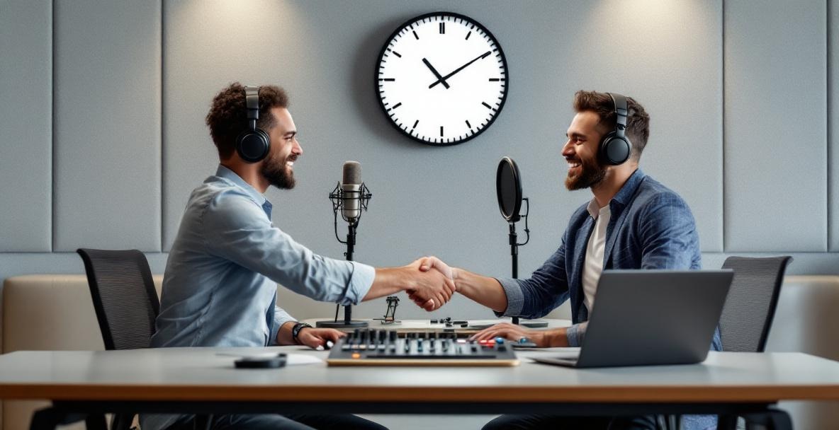 Two podcasters shake hands at a mixing console in a modern studio.