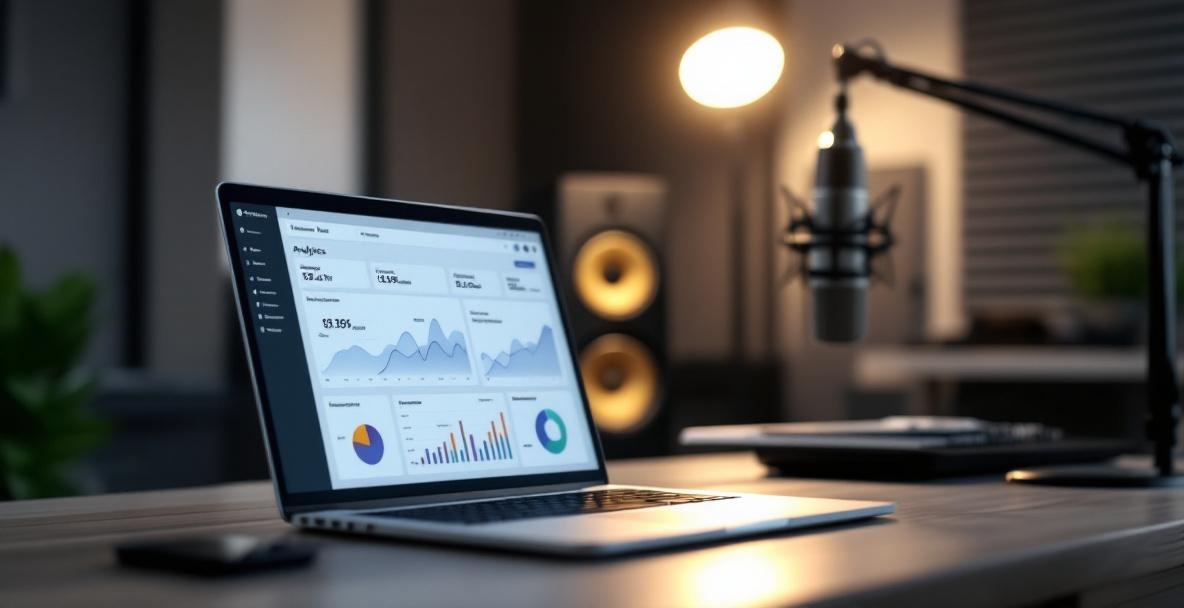 Modern podcast studio with laptop showing analytics graphs and charts.