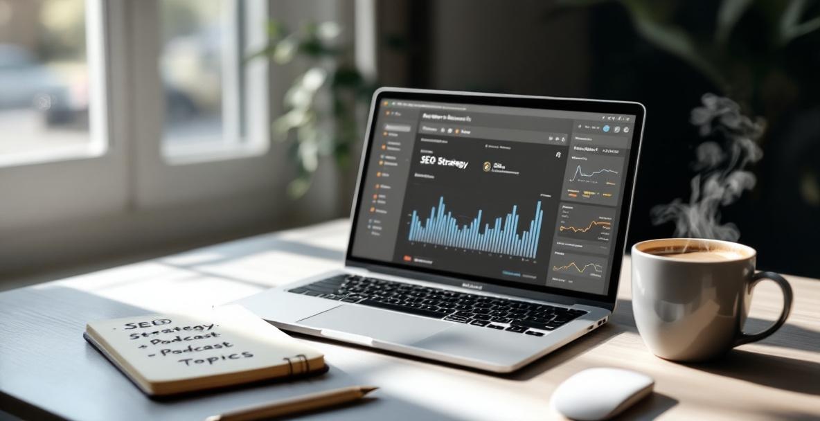 Workspace with laptop showing keyword research tool, notepad with SEO notes, and coffee cup.