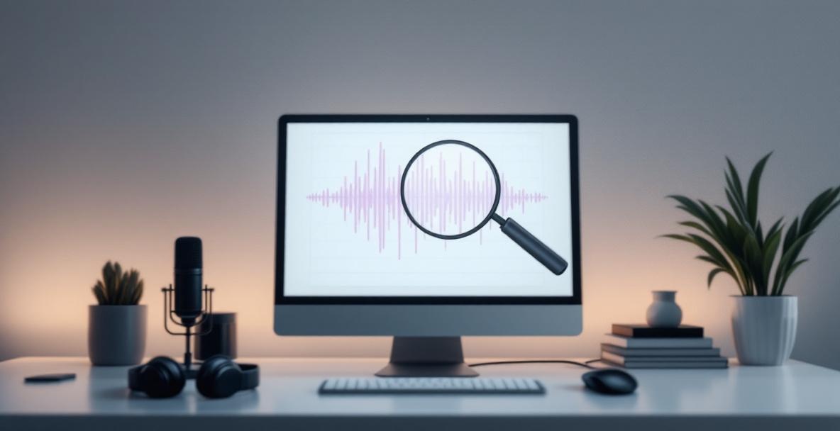 Sound wave forms a magnifying glass over a podcast dashboard, symbolizing SEO and discoverability.