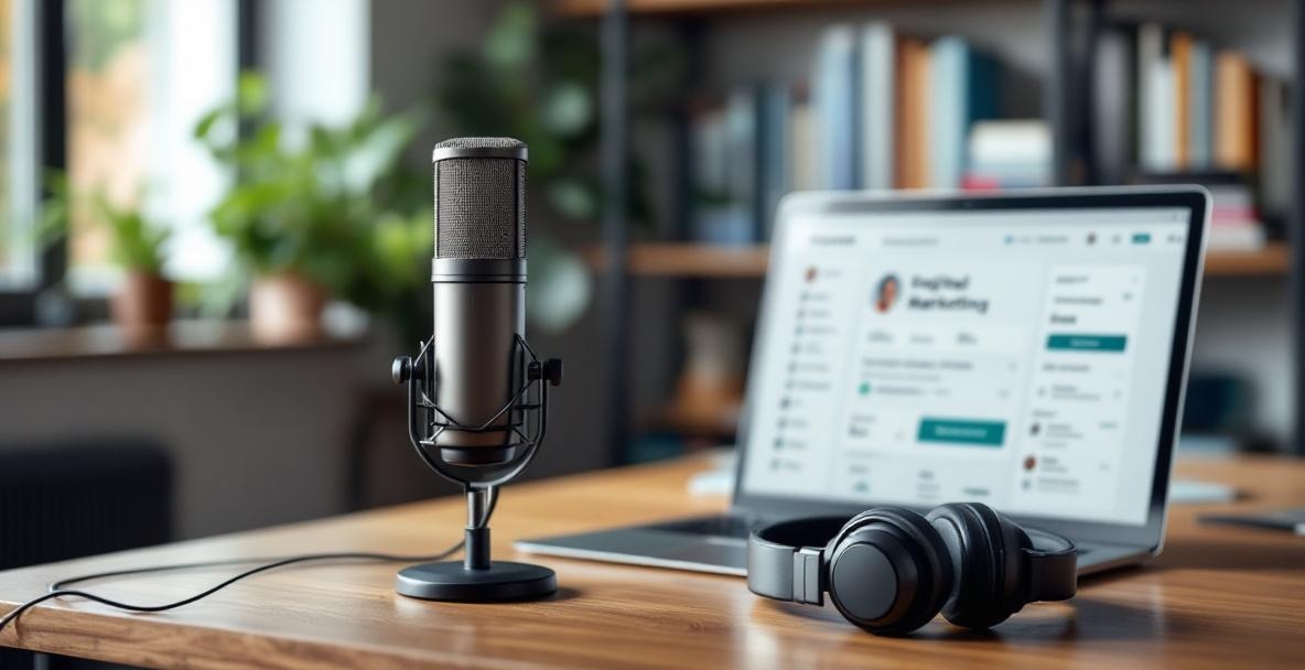 Podcasting workspace with a microphone, headphones, and laptop on a wooden desk.