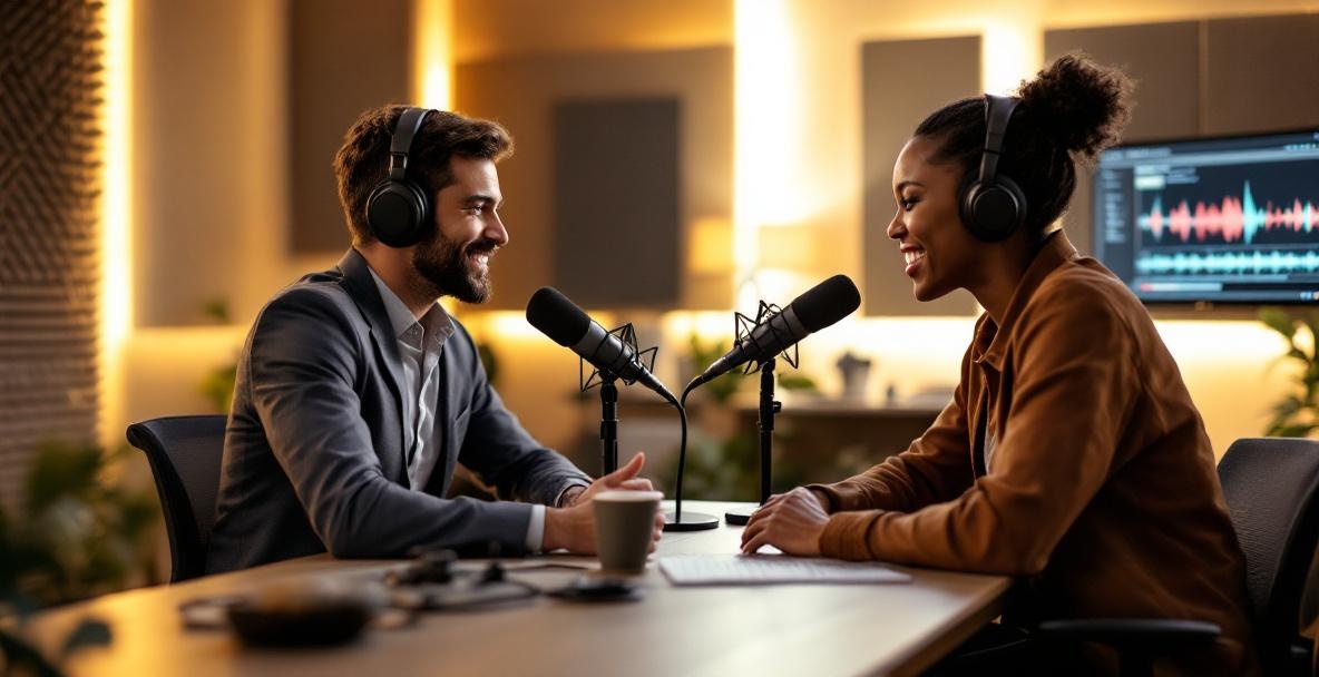 Podcast studio with host and guest in conversation, highlighting microphones, headphones, and soundproofed walls.