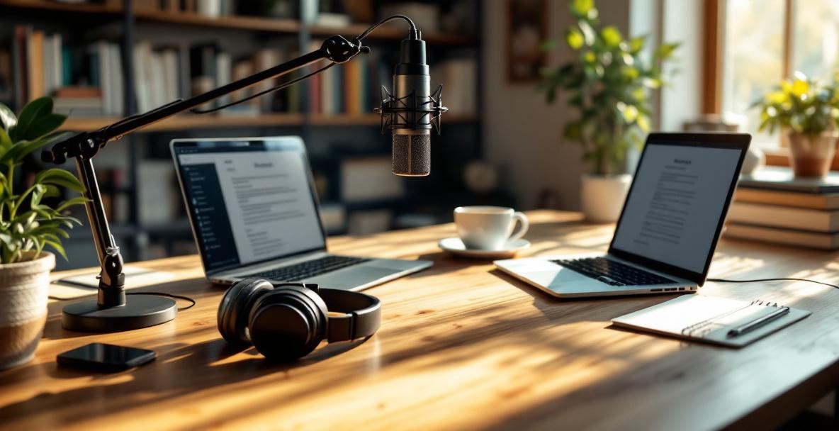 A cozy podcast studio with a desk, microphone, laptop, headphones, coffee mug, and bookshelf.
