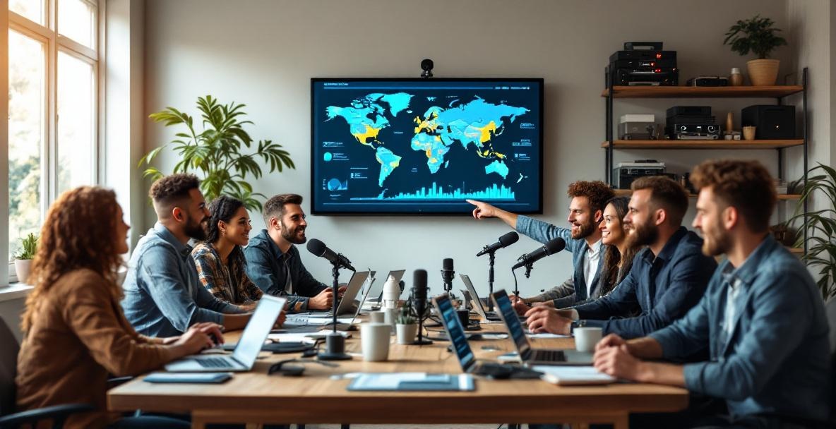 Diverse team of podcasters discussing strategies around a table with laptops and a digital screen showing a world map.
