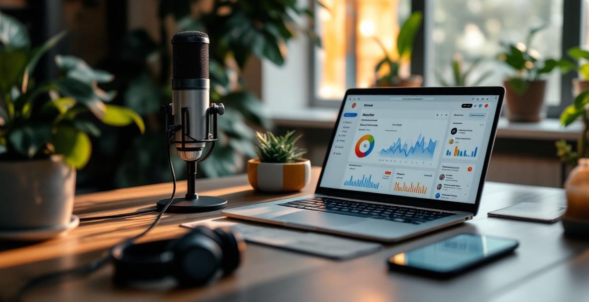 Podcaster at desk with laptop showing podcast analytics, microphone, headphones, and smartphone.