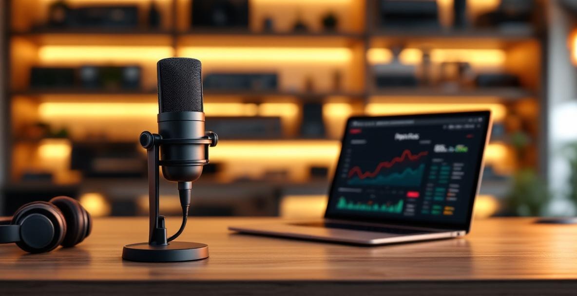 Modern podcast studio with microphone, laptop showing analytics, and headphones on a wooden desk.