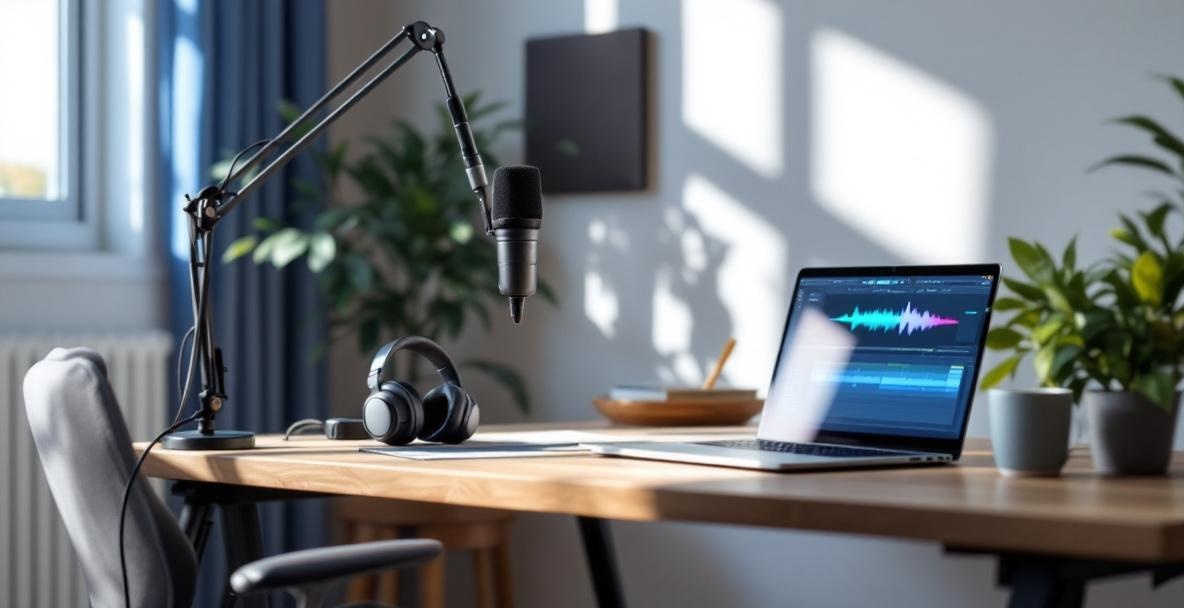 Home podcast studio setup with a microphone, laptop, headphones, and soundproof panel in a modern workspace.