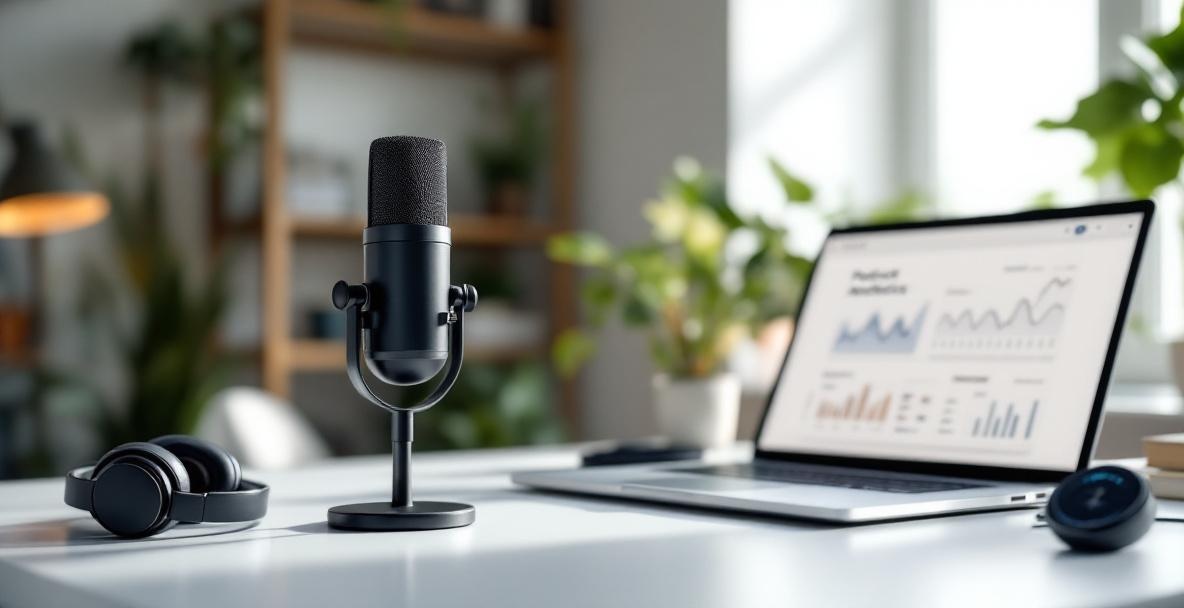Modern podcast setup with microphone, headphones, laptop, and bookshelf in a minimalistic studio.