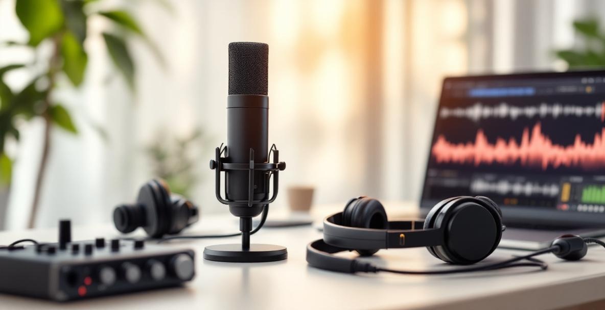 A tidy podcast setup with a microphone, headphones, audio interface, and laptop on a modern table.