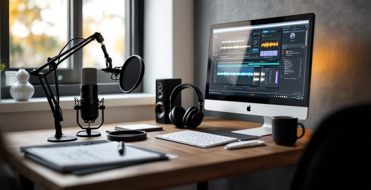 Podcast editing setup with modern computer, microphone, headphones, and notebook in a clean workspace.