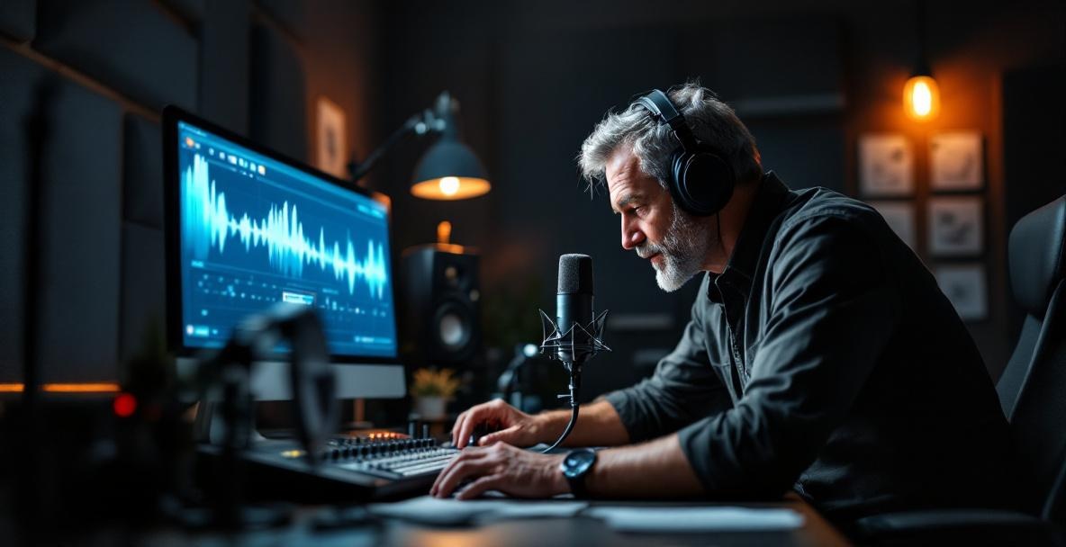 Podcaster adjusting audio settings in a professional studio with dim lighting and sleek equipment.