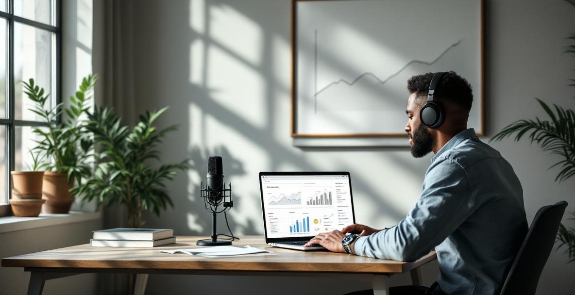 Podcaster analyzing listener data on a laptop with microphone and headphones on a modern desk.