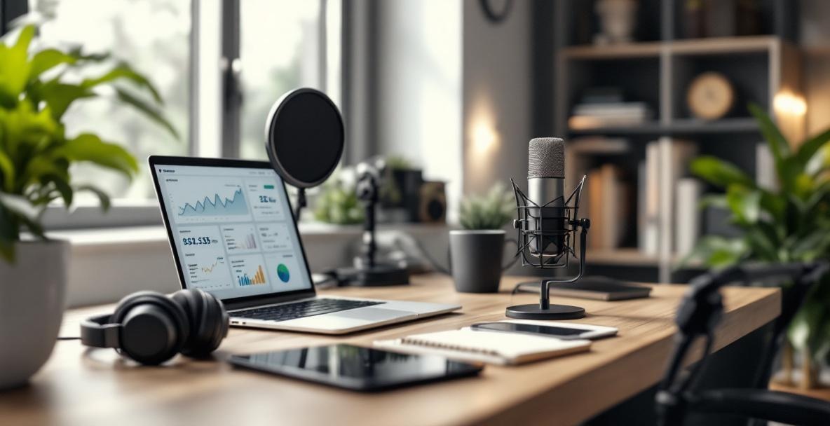 Modern podcast studio with monetization tools like a microphone, laptop, and smartphone displaying revenue growth.