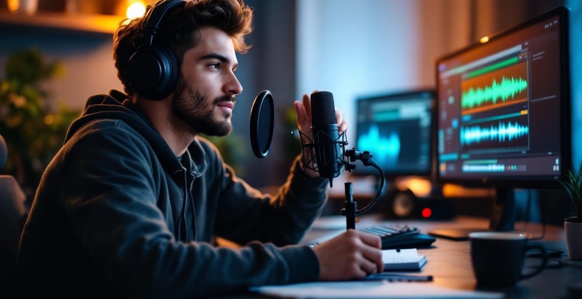 Podcaster in modern studio with headphones and microphone, editing audio on screen.
