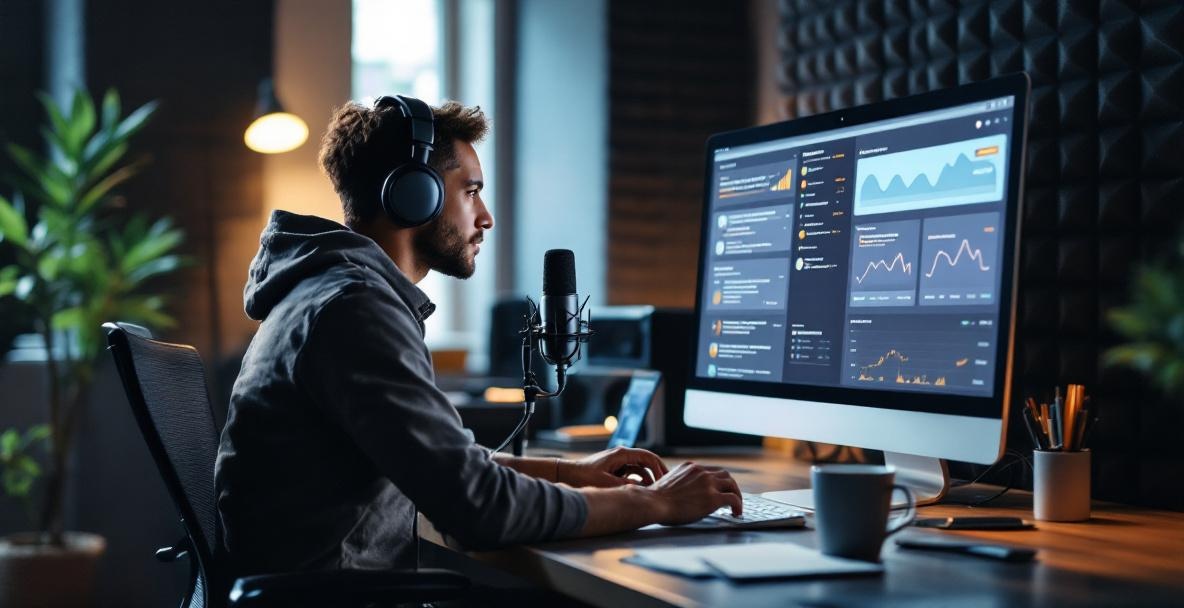 Podcaster analyzing graphs on screen in a modern studio with headphones, microphone, and soundproof panels.