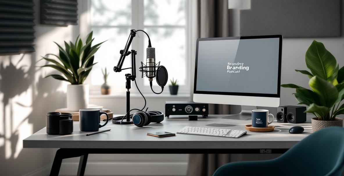 Modern podcast studio setup with professional equipment and branding elements.