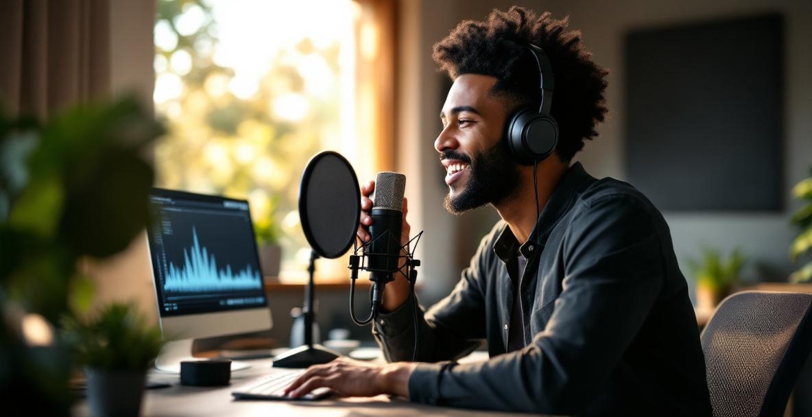 Podcaster in a modern studio, speaking into a microphone with acoustic panels and a computer in the background.