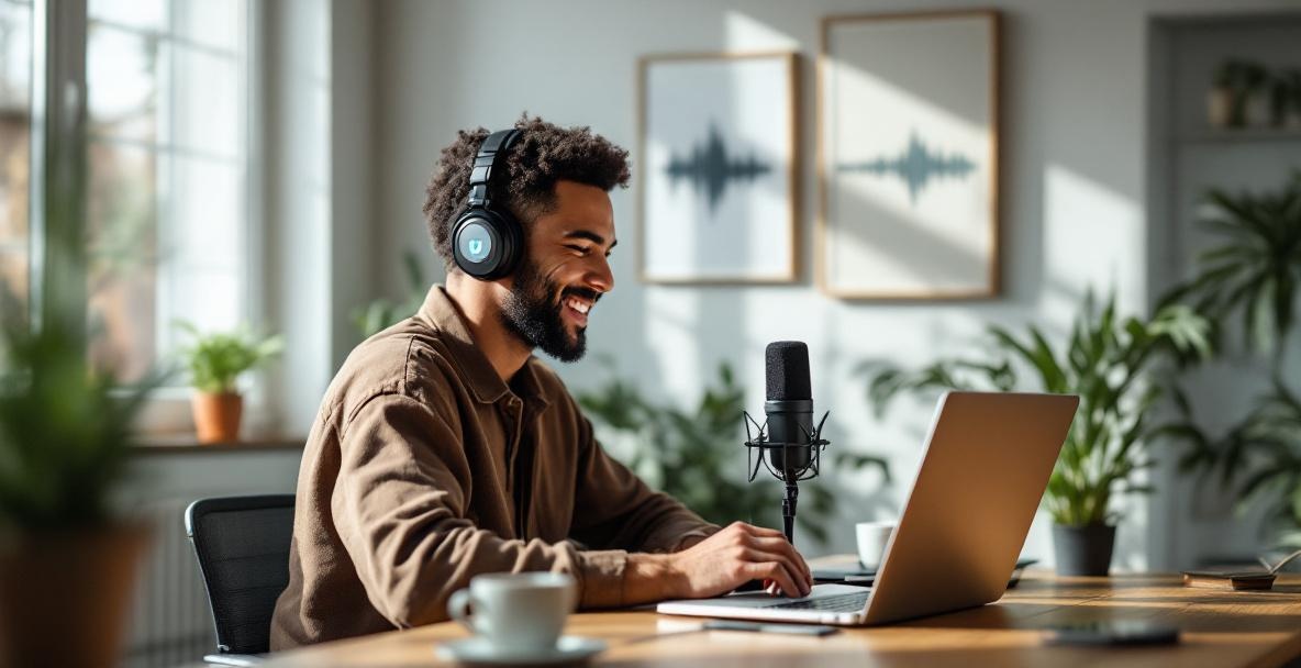 Podcaster in home office using laptop and smartphone with social media icons visible.