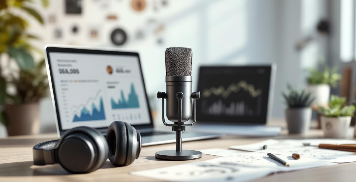 Modern podcast studio with microphone, laptop, headphones, and notepad, set in a minimalist, professional space.