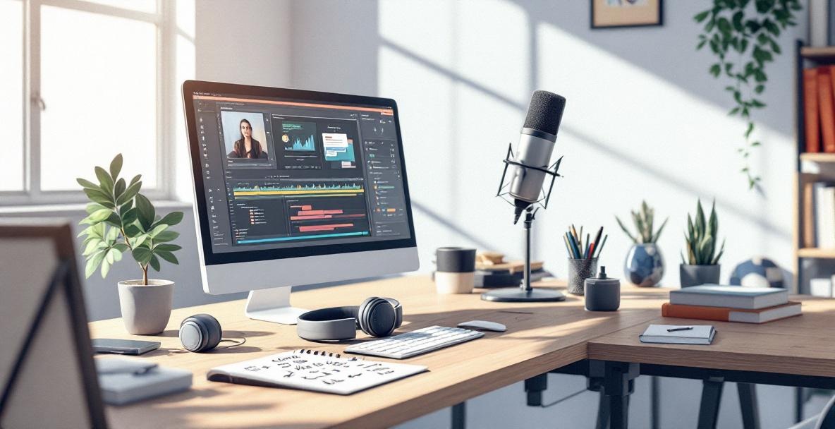 Minimalist podcaster's desk with mic, headphones, computer, and repurposing notes.