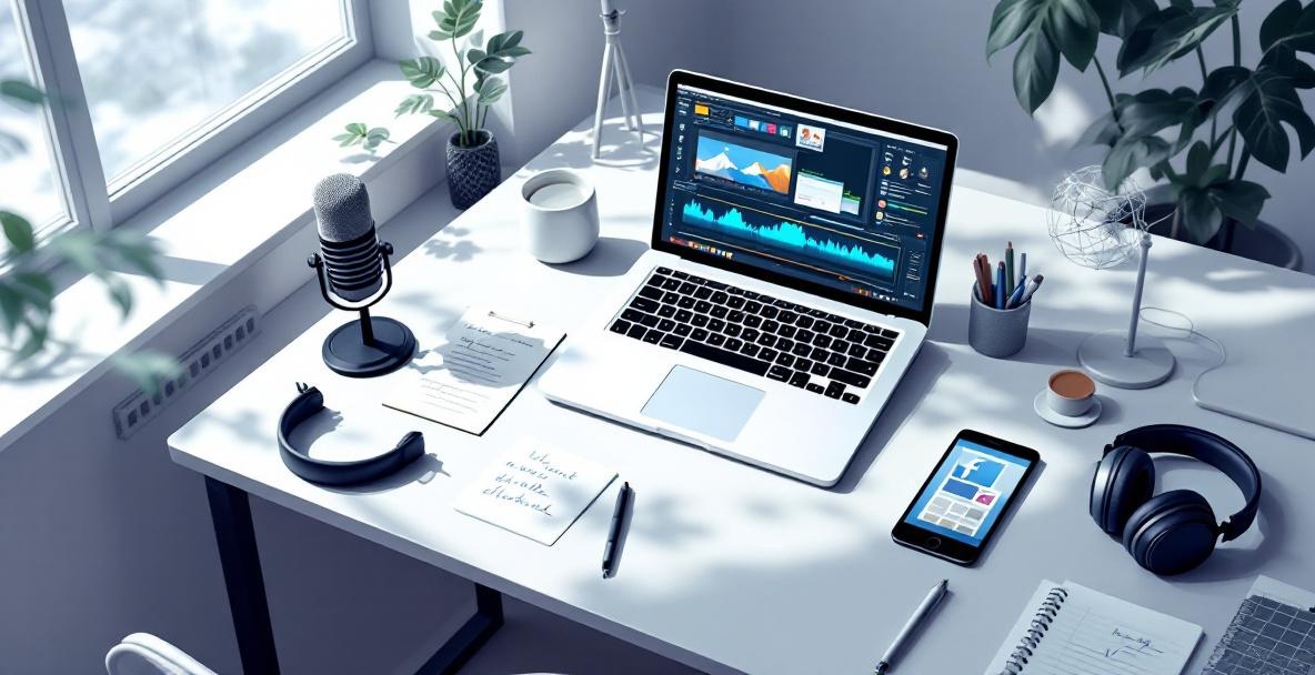 Modern workspace with tools for podcast content repurposing: laptop, phone, tablet, notepad, microphone, and headphones.