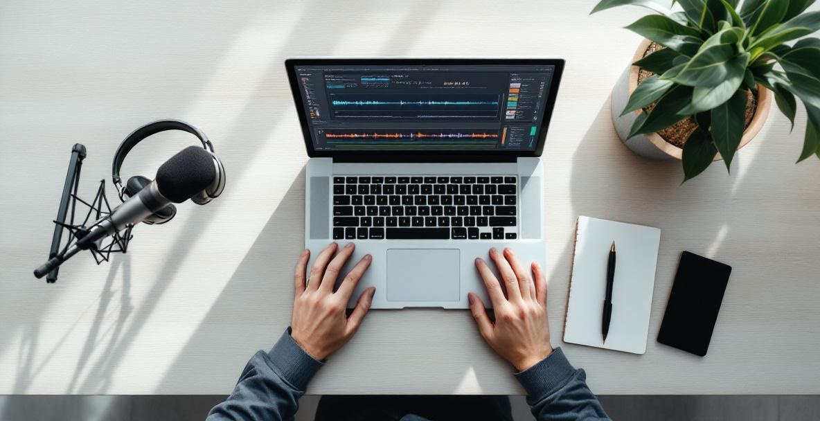 Overhead view of a podcast editing workspace with laptop, microphone, and headphones on a wooden desk.