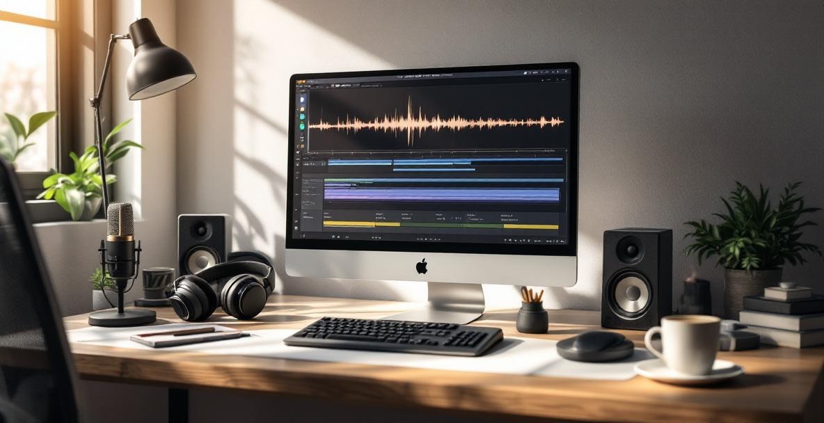 Podcast editing workspace with digital audio tracks, headphones, microphone, and tablet in natural light.