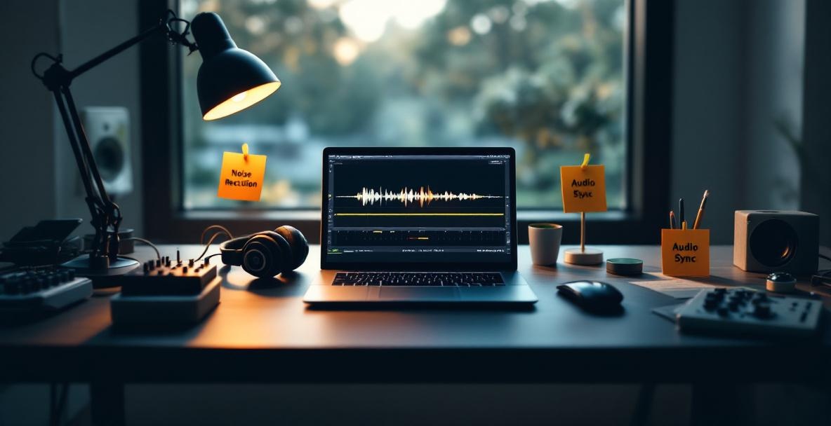 Podcast editing workstation with laptop, audio tools, and troubleshooting notes in a modern setup.