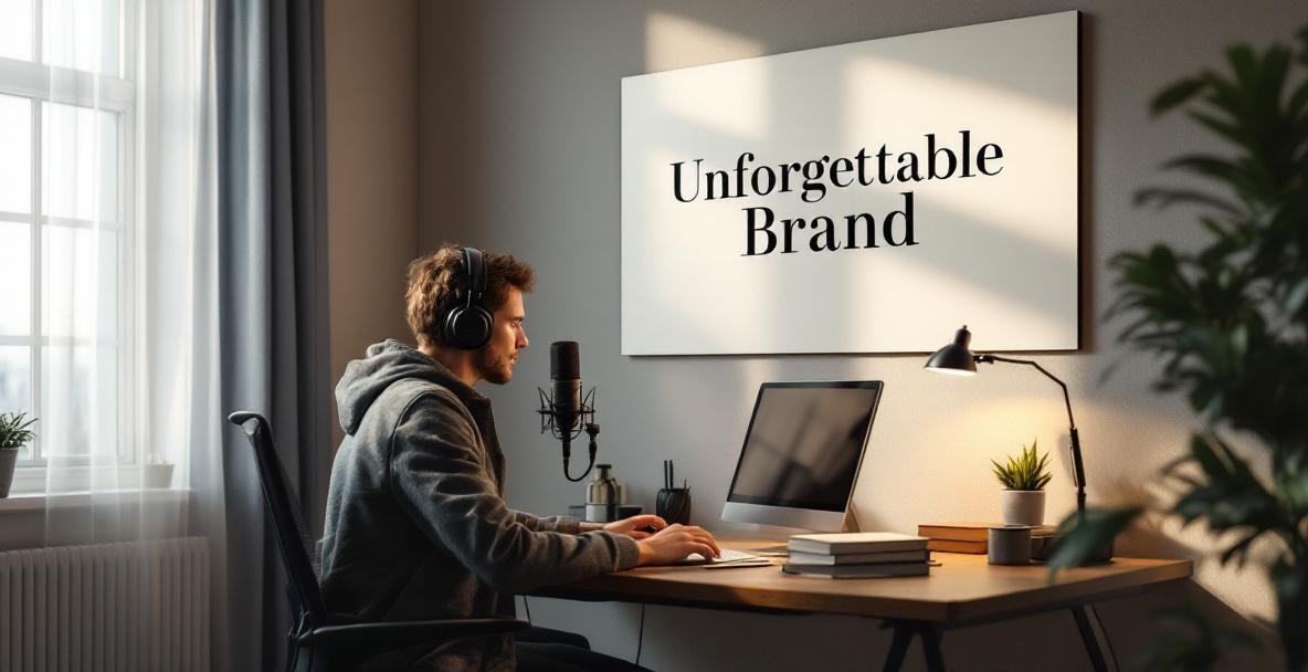 Modern home podcast studio with podcaster at desk and 'Unforgettable Brand' logo on wall.
