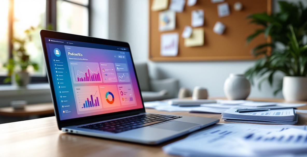 Modern workspace with laptop showing podcast metrics dashboard, surrounded by notes and strategy planning materials.