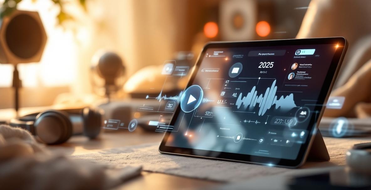 Futuristic podcast interface on a tablet with holographic elements and studio equipment.