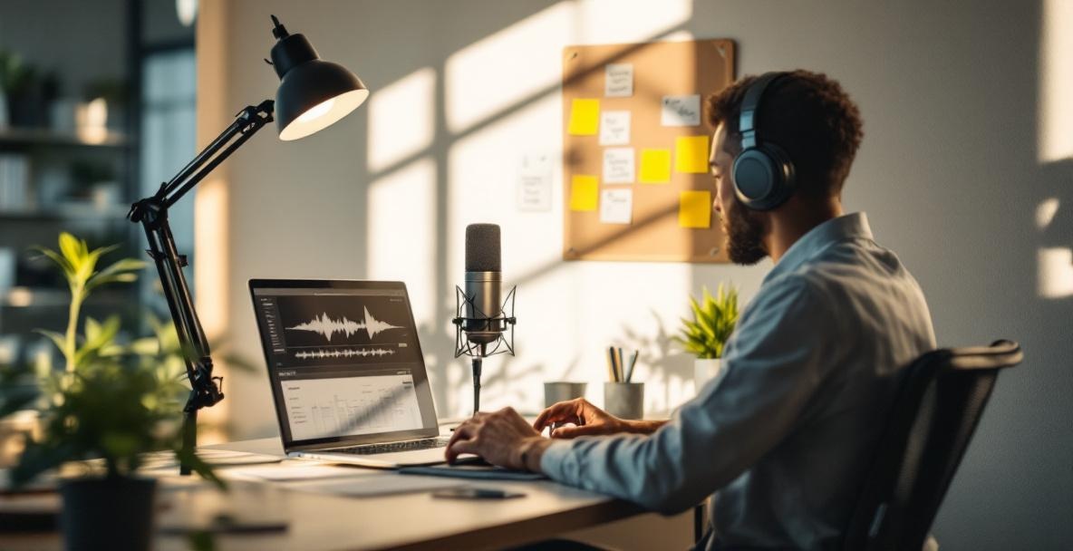 Modern office space with podcaster using a microphone and laptop.