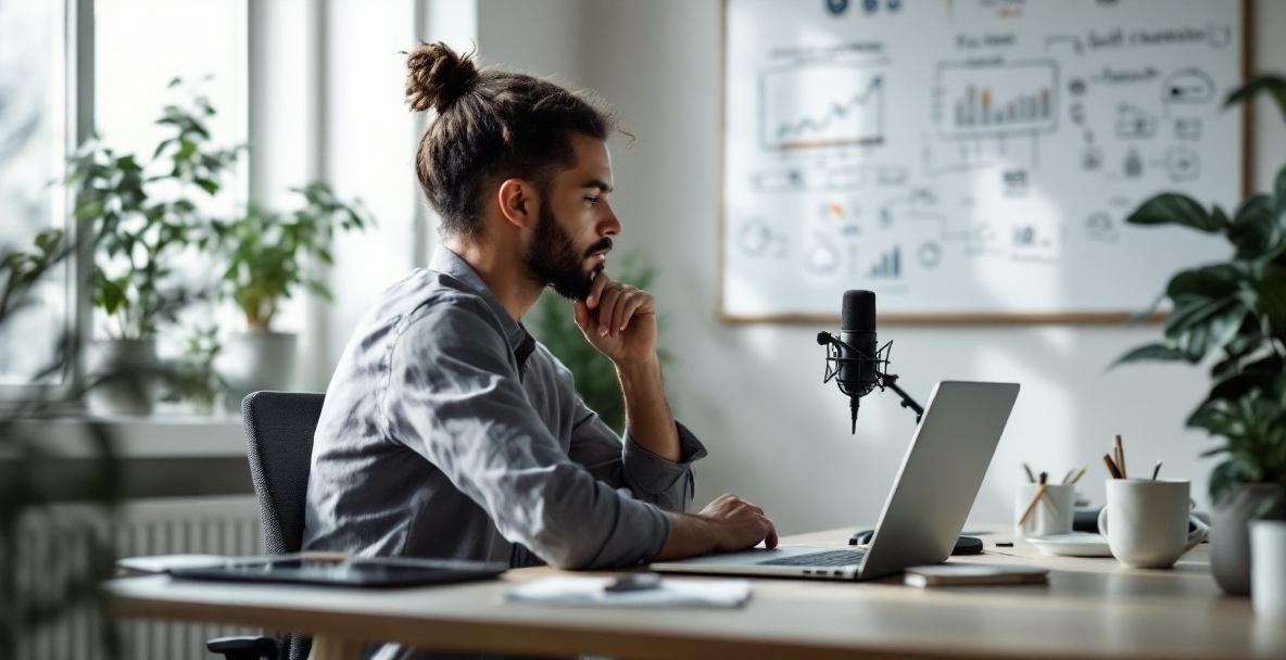 Digital marketer at desk analyzing podcast metrics on a laptop.