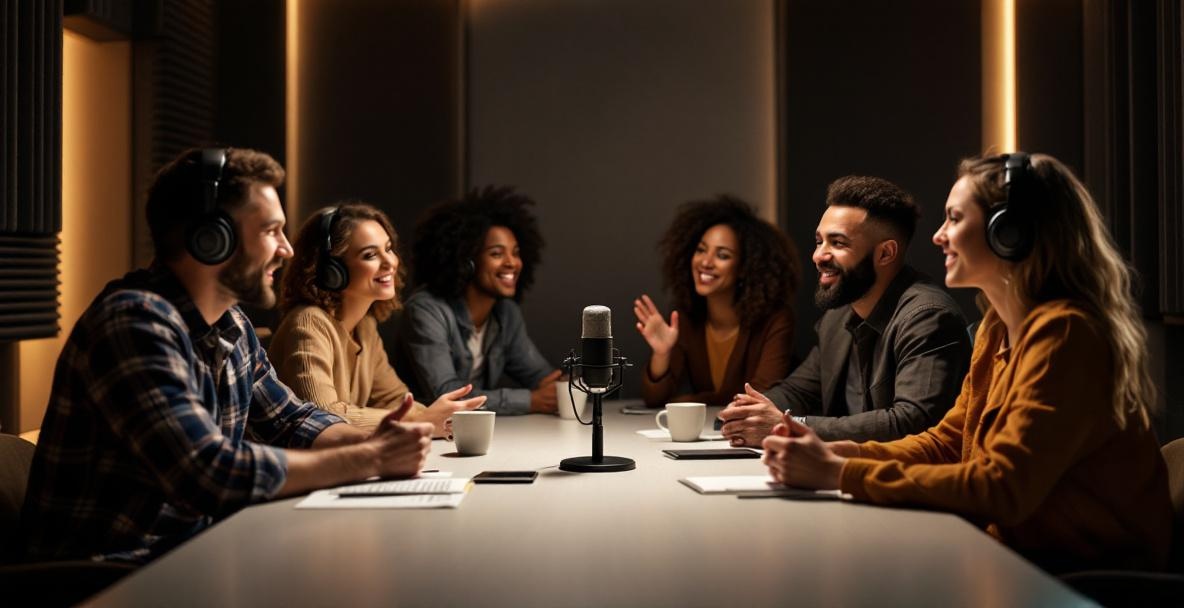Diverse podcasters and marketers engaged around a table with a central microphone in a warmly lit studio.