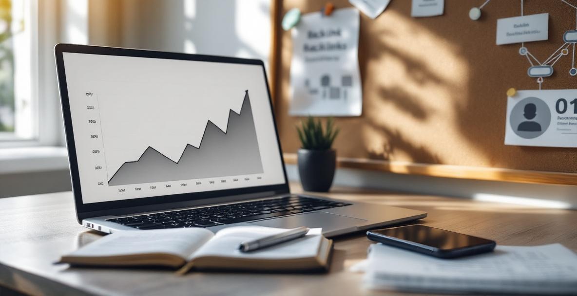 A desk with a laptop showing growth graph, notebook on backlink strategies, and a smartphone with a podcast app.