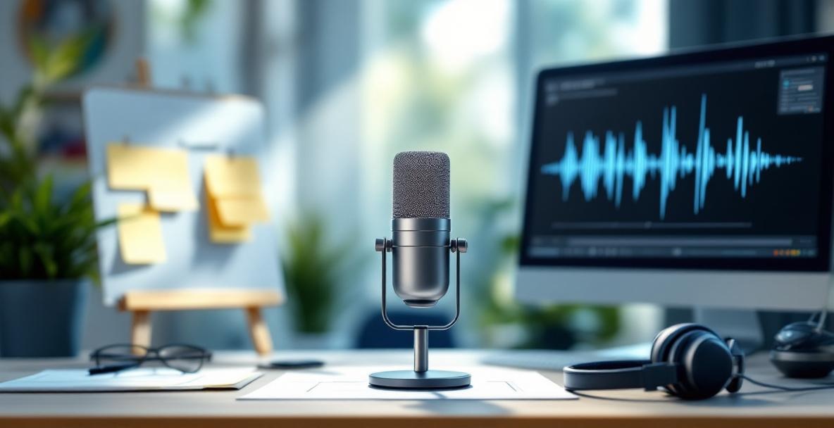 Podcast microphone on desk with storyboard, audio waveform, and headphones around it.