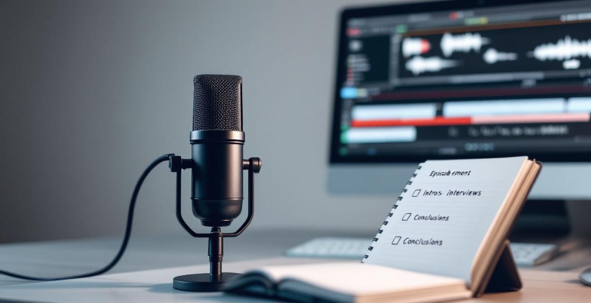 Podcaster's workspace with microphone, notebook, and audio editing software.
