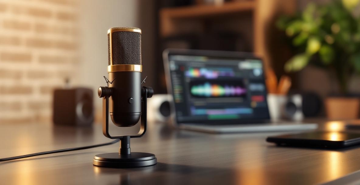 Podcast setup with a professional microphone and laptop on a modern desk.