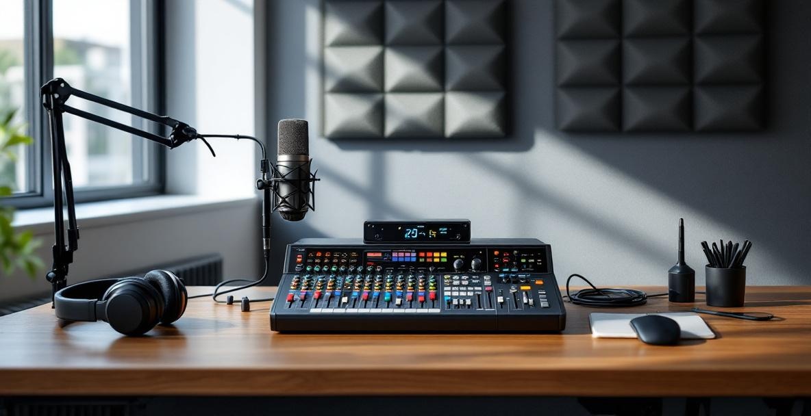 Modern podcasting setup with digital mixer and audio interface on a wooden desk.