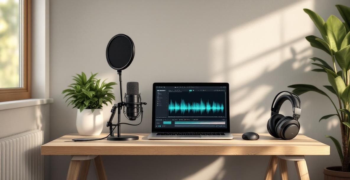 Minimalistic podcast recording space with mic, headphones, laptop, and plant on a wooden desk.
